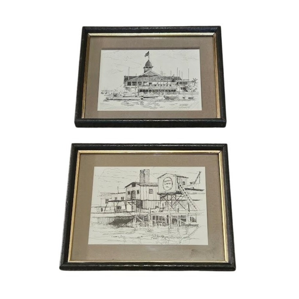 Two Scott Kennedy 1967 Cannery Row Newport Beach Print Pen and Ink Framed 9.5x8